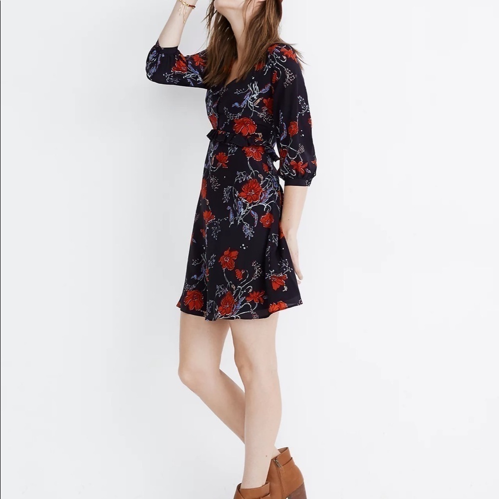 Madewell Silk Ruffle-Waist Dress in Windblown Poppies Size 2